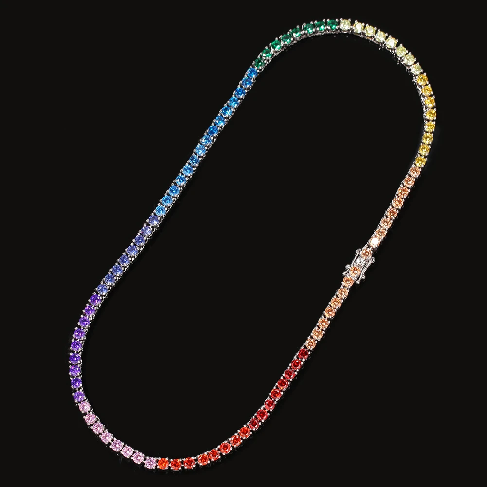Uwin 4mm Multicolor Tennis Chain Ice Rhinestone  Color Hip Hop Necklace Fashion Men And Women Jewelry Party Gift