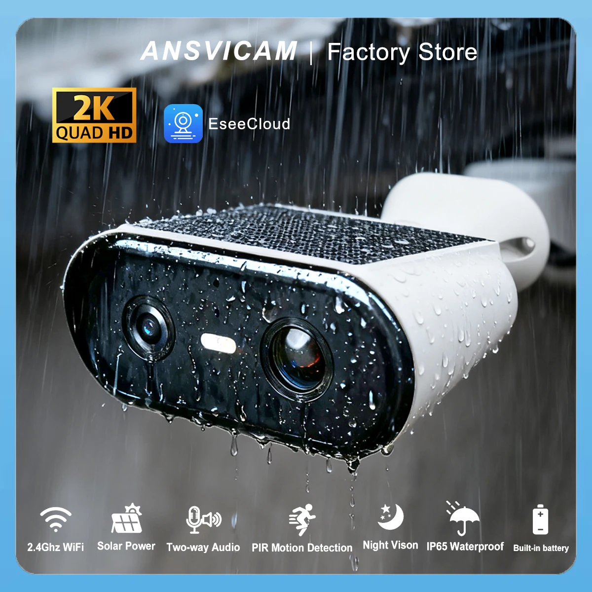 2K Solar Security Camera Wireless Outdoor Wire-Free with Long Standby Time AI Human Detection PIR Activated Color Night Vision