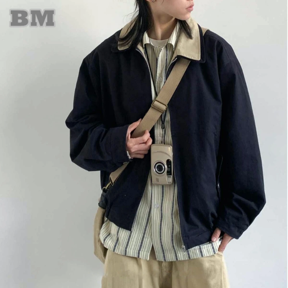 Japanese Harajuku Vintage Double Collar Work Jacket Spring Autumn Casual Loose Coat Unisex Streetwear Utility Outerwear Men