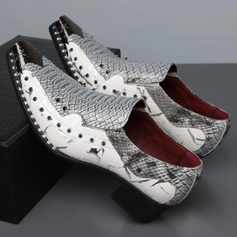Men Snake Skin Print Pointed Toe Loafers Fashion Rivet Studded Color Block Chunky Heel Party Wedding Formal Business Dress Shoes