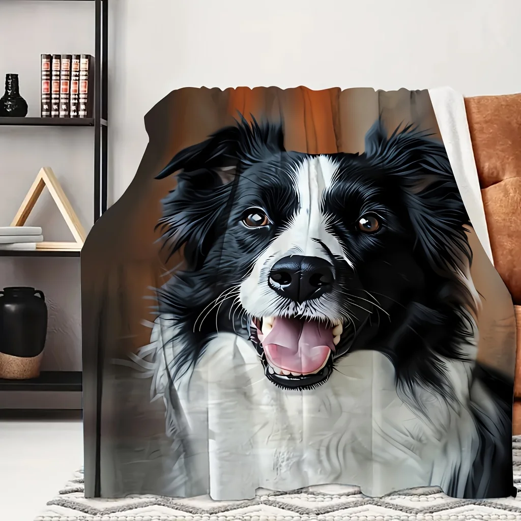 1pc Cute Fluffy Border Collie Dog Realistic Print Flannel Blanket, Soft and Portable, Suitable for Blankets, Kid Bed Covers, Gam