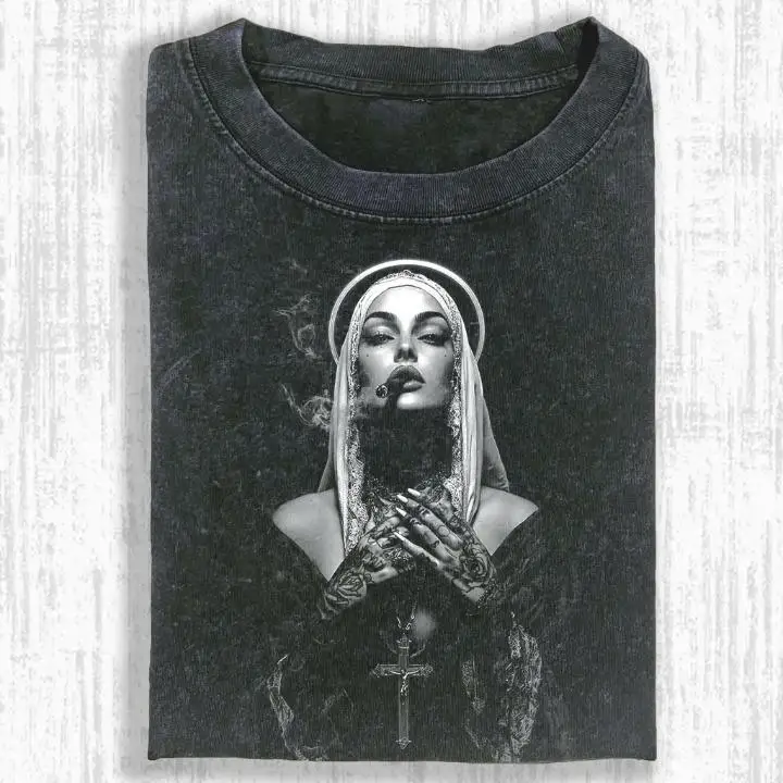 Vintage Washed Nun Shirt, Black White Halo Tee, Moody Occult Graphic Shirt Summer Men's and Women's Washed T-shirt Top