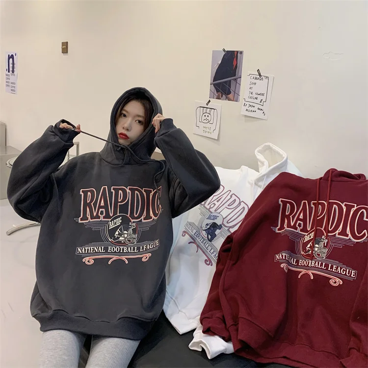 خريف جديد النسخة الكورية فضفاضة المطبوعة الصوف سميكة مقنعين سترة Y2k الملابس الشارع الشهير ملابس النساء أنيمي هوديي