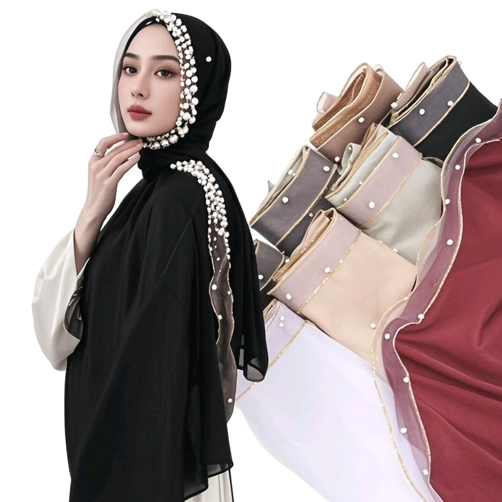 

New Design Lace Edge Chiffon Hijab Muslim Fashion Headscarf Sewing Bead Islam Turban Scarf Headscarf Africa Ropa Africana Mujer