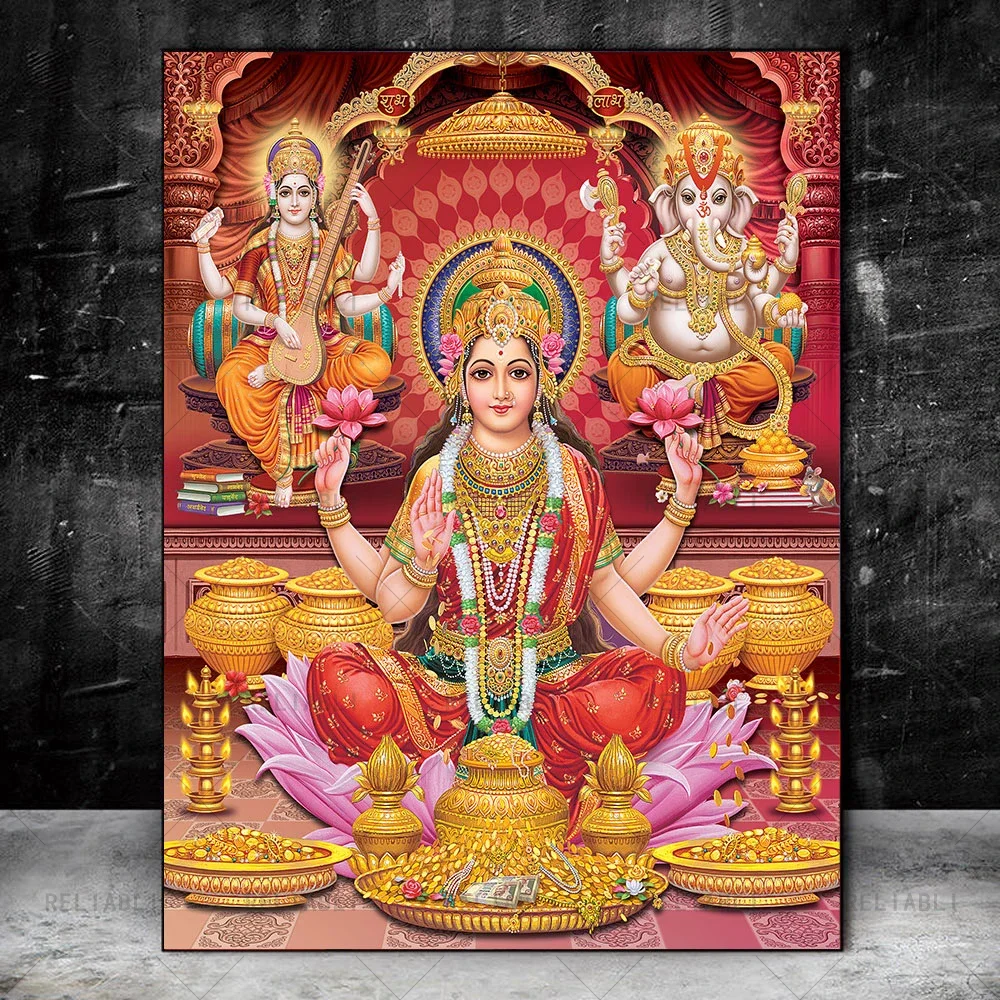 India Hindu Gold Ganesha Temple Elephant Posters Canvas Paintings Decorative Wall Art Print Pictures for Living Room Home Decor