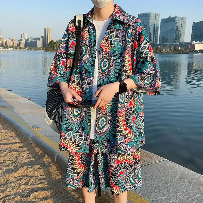 Mens Fashion Print Sets Short Sleeve Shirt+Shorts 2Pcs Suit Loose 2024 Summer Casual Beachwear Male Vacation Hawaiian Outfits