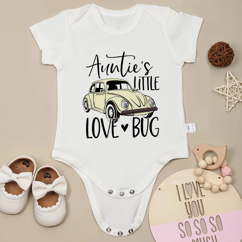 2024 Cute Baby Girl Clothes “Auntie's Little Love Bug” Print Cotton Newborn Boy Bodysuits Short Sleeve Summer Cozy Versatile