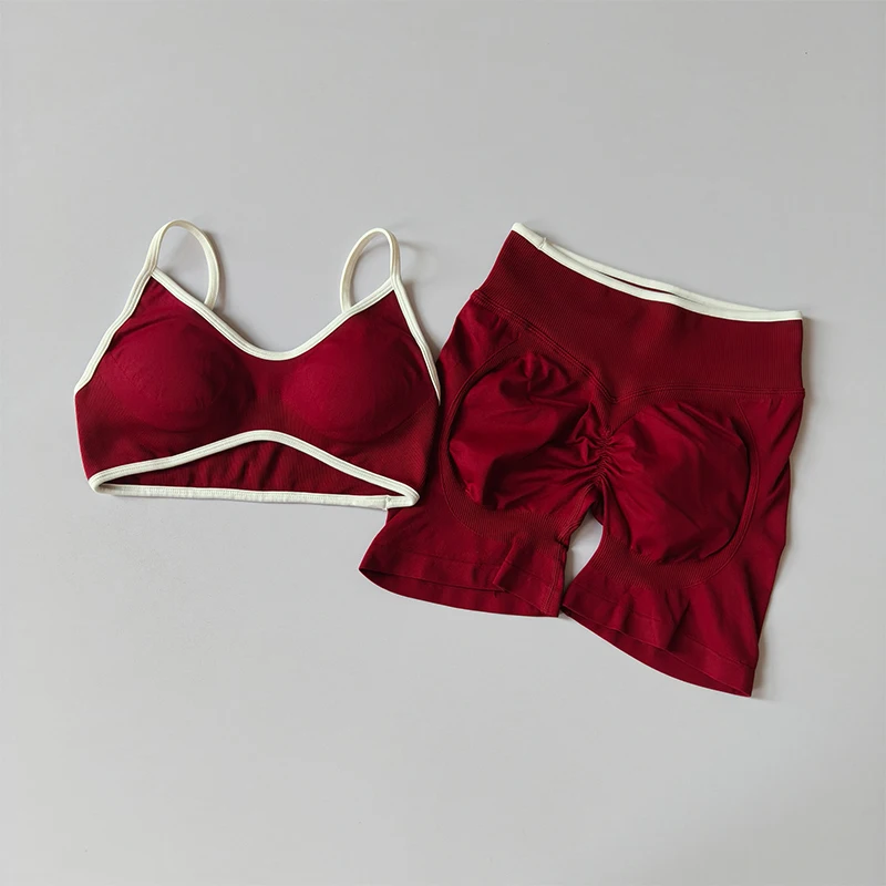 2PCS Yoga Suit Seamless with Chest Pad Tight Sports Bras and High Waist Shorts Outside Wear Running Exercise Fitness Yoga Set image 3