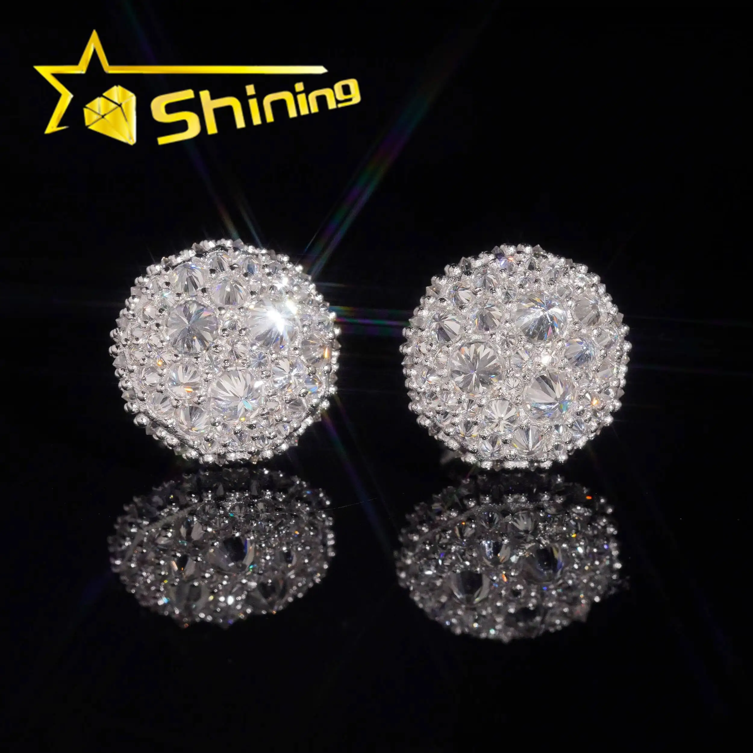 Solid Silver Iced Out VVS Moissanite Mosaic Inverted Men Circle Diamond Studs Earrings