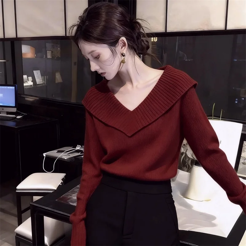 Korean Women Affordable Luxury Knitted Autumn Female Long Sleeve Pullover Knit Sweaters Spring Ladies Design Sense Lapel Sweater