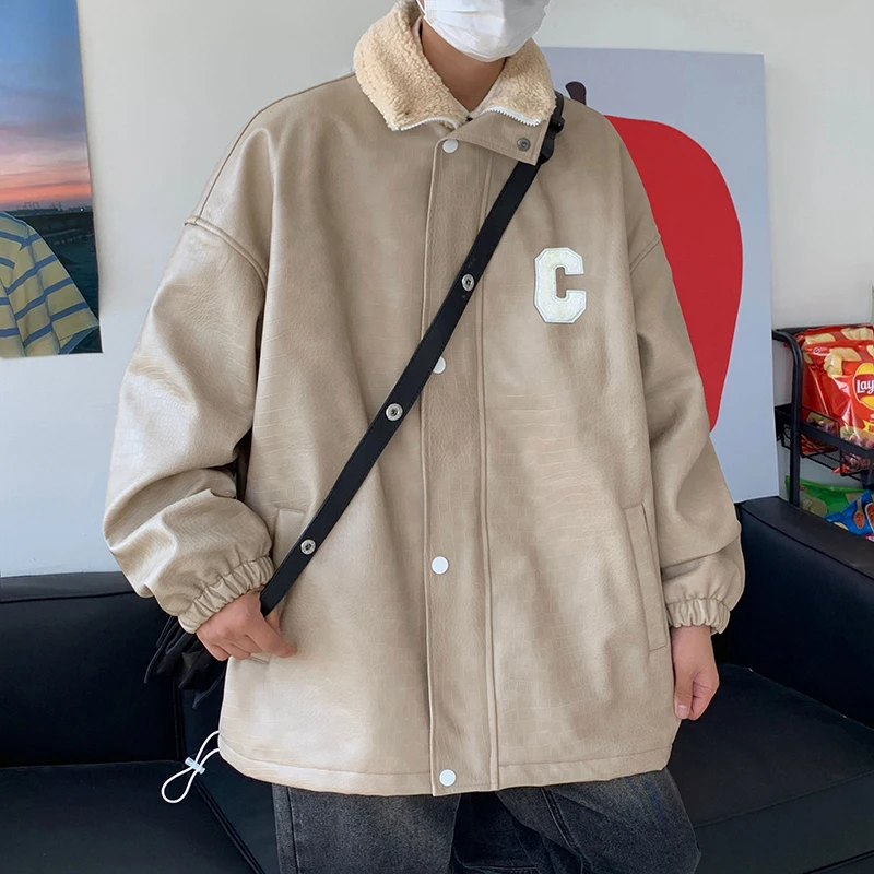 

Men's Winter Thiened PU Leather Cotton Jaet American Sle Retro Leather Fur Inteated Lamb Fur Coat Warm Casual Loose Fit