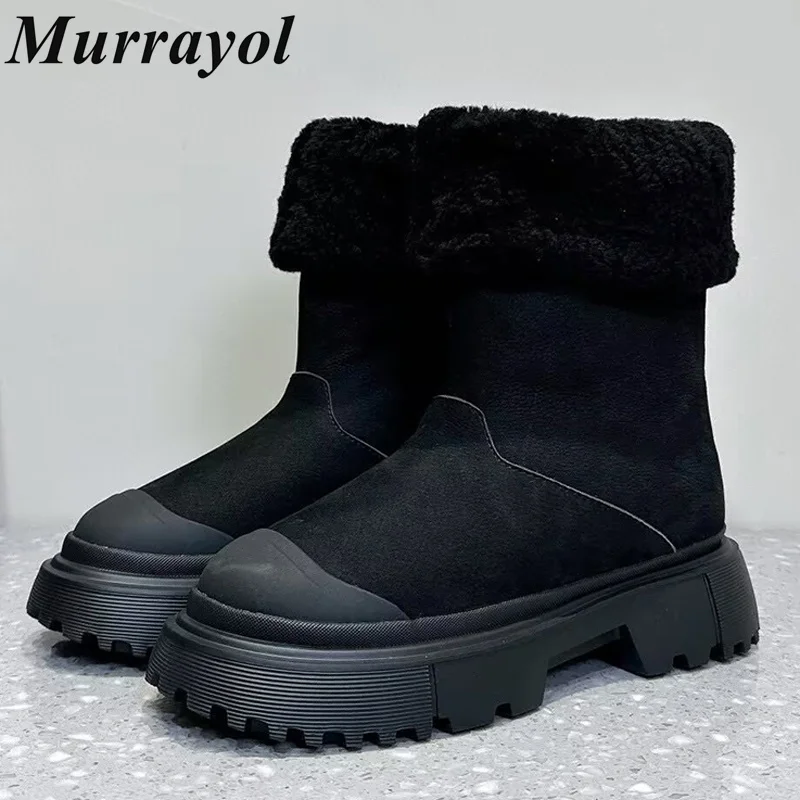 Round Toe Thick Bottom Non-slip Snow Boots Women Genuine Leather Splicing Fur Mid-Calf Boots Autumn Winter Warm Short Boats