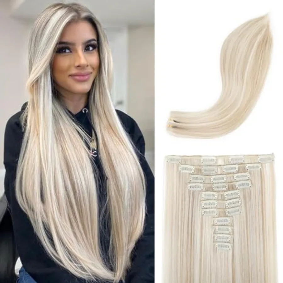 

Hair Extensions, 11PCS Clip in Hair Extensions 24" Long Straight hair extensions HE005 Natural Soft Synthetic Hairpieces for Wo