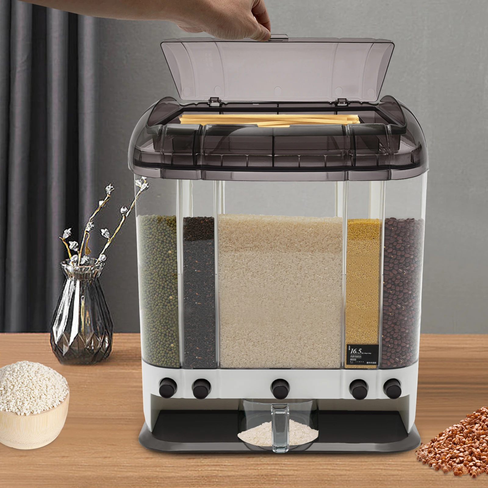 

Коричневый диспенсер из АБС-пластика с мерным стаканом, 5 сеток, съемный настольный диспенсер для сухих продуктов 42*18*49 см для кухни, столовой