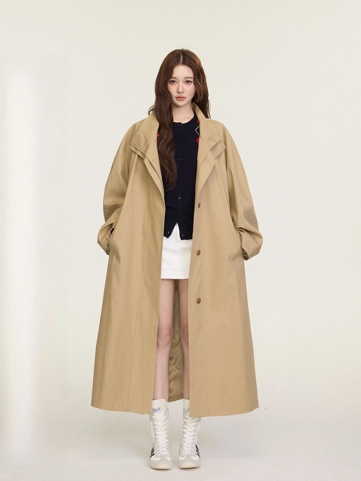 

Корейское длинное свободное пальто Buleng с воротником-стойкой, осеннее, для раннего сезона, женская модная верхняя одежда, однотонное, для повседневной носки