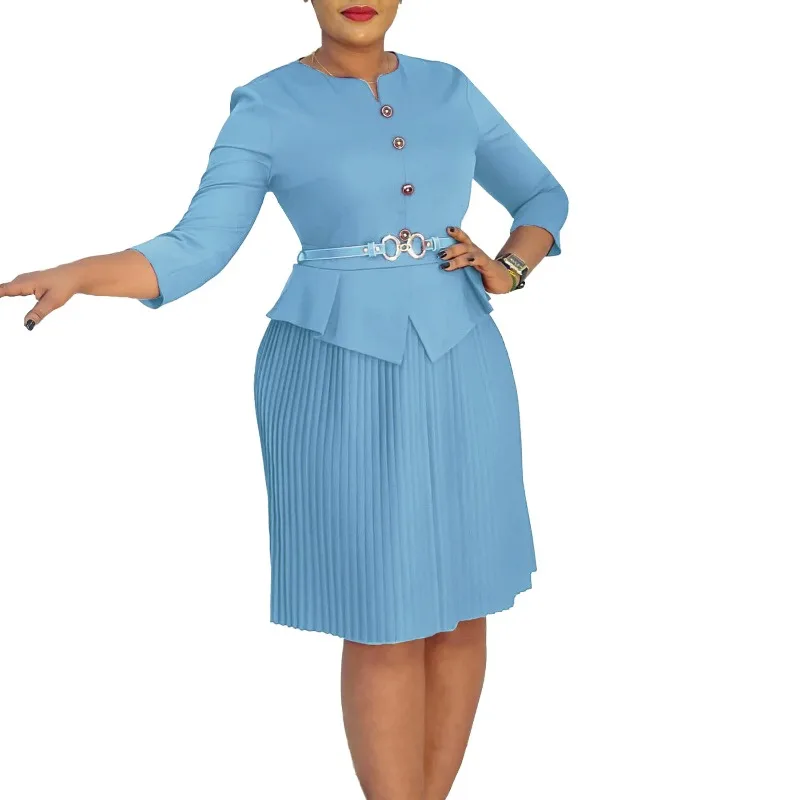 

Elegant Dashiki African Dresses for Women Autumn Fashion 3/4 Sleeve Polyester Pleat Party Evening Dresses Outfits Ankara Dress