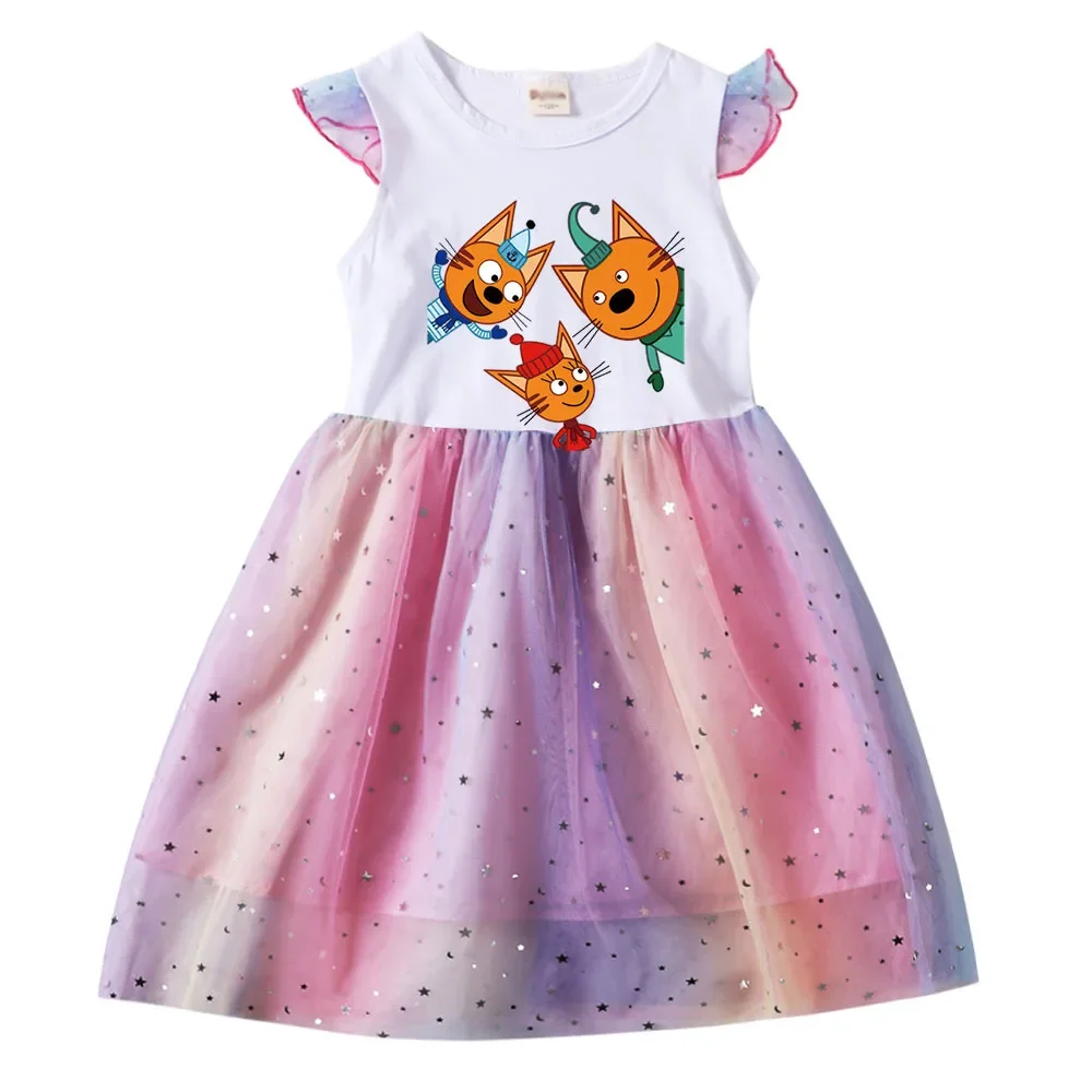 Russian Три Кота Kid-E-Cats My Family Three Happy Cats Clothes Kids Summer Princess Dress Girls Casual Dresses Children Vestidos