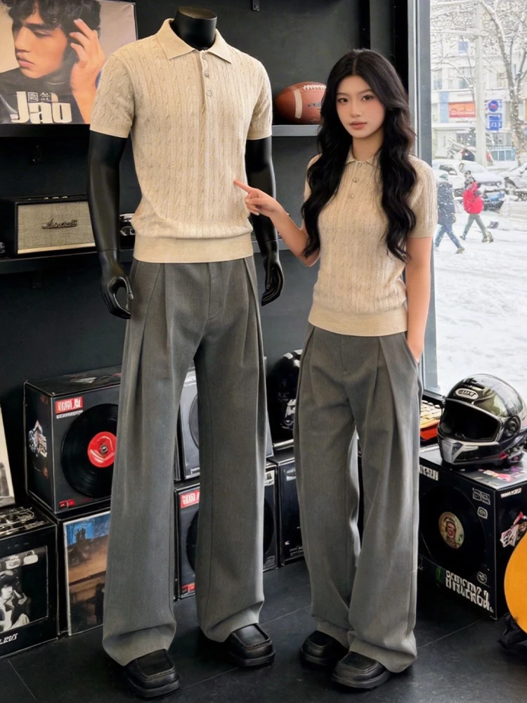 Cleanfit Grey Pleated A-Line Men's Summer Casual Pants High Waist Straight Leg Trousers Elegant Drapey Wide Leg Trousers