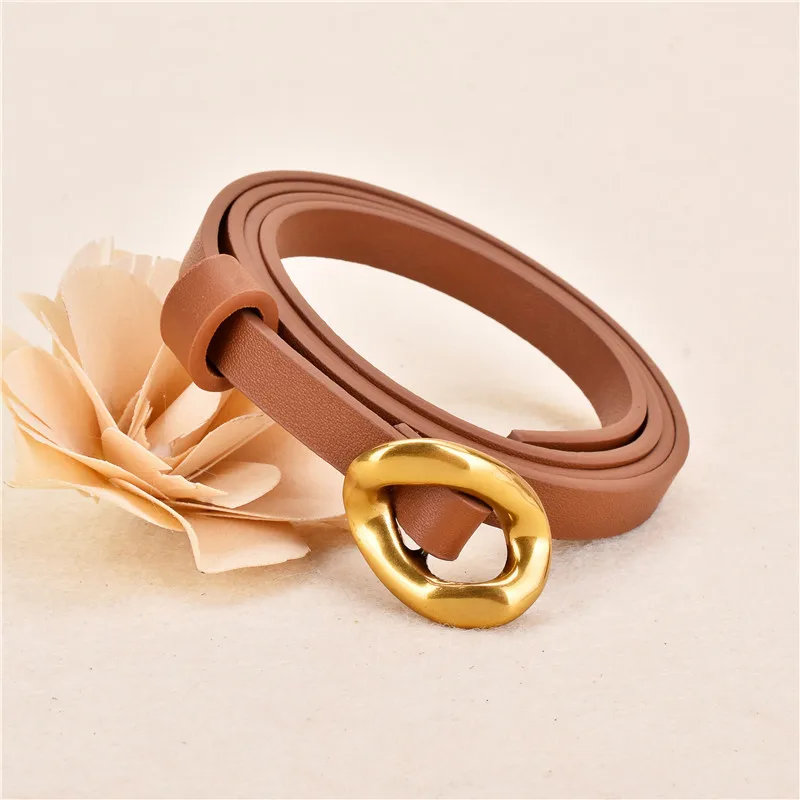 Irregular Metal Gold Buckle Full Grain Leather Slim Waistbands for Women Fashion Black Brown Jeans Dress Corset Belts Cowhide