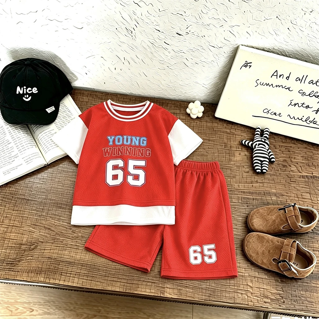 Boys Fashion Tracksuits Casual Loose Tshirt+Shorts 2Piece Set Children Round Neck Tees Versatile Shorts Thin Summer Clothing