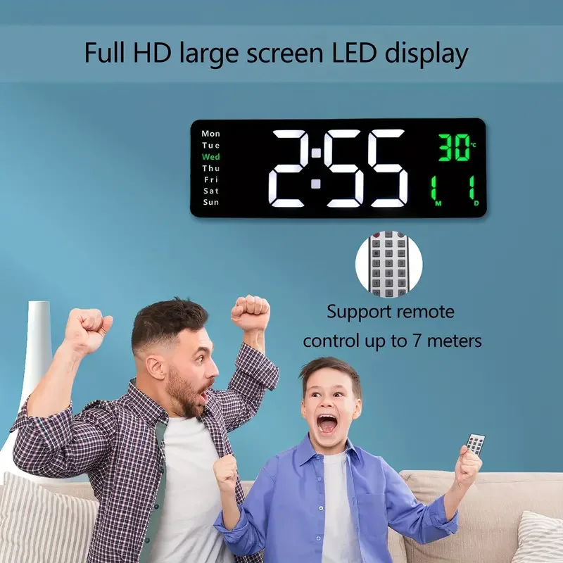 Large Digital Wall Clock Remote Control Temperature Date Week Display Adjustable Brightness LED Table Alarms Clocks Home Decor