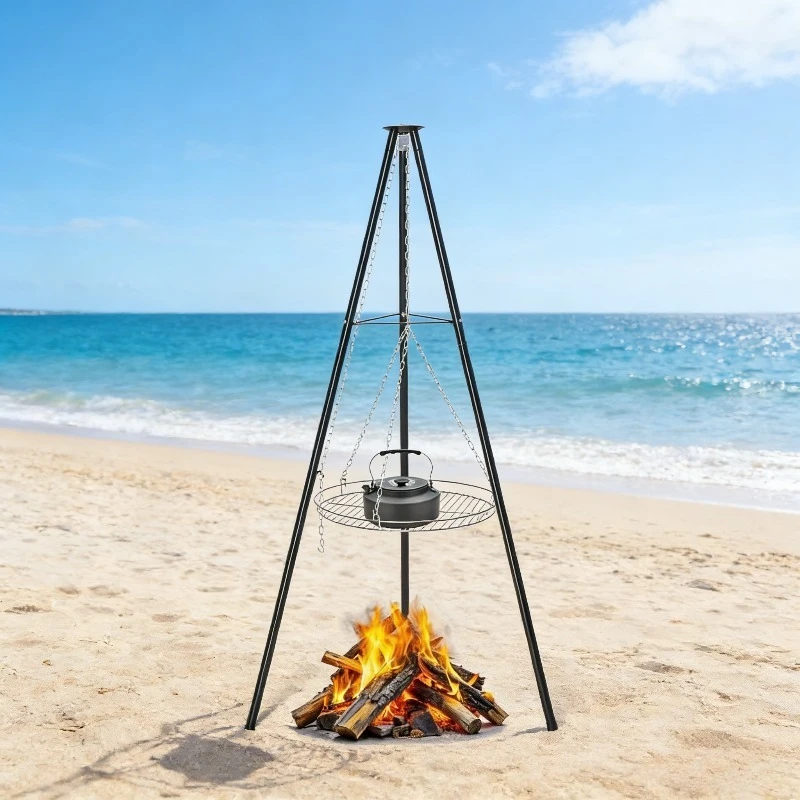 Outdoor Picnic Campfire Tripod Grill Adjustable Height Barbecue Grill Grille Stainless Steel Outdoor Camping BBQ Tripod Hanger