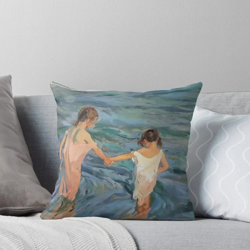 Joaquin Sorolla - Children in the sea Throw Pillow Cusions Cover covers for pillows pillow