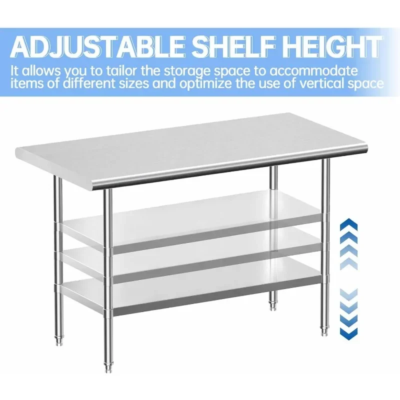 Stainless Steel Work Table, NSF Commercial Worktable with Undershelf and Legs for Restaurant, Home and Hotel