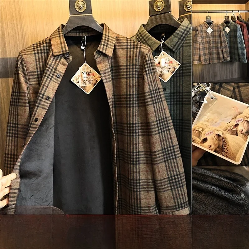 

High-End Mixed Wool Flannel Casual Men's Shirt Warm Plaid Stand Collar Long Sleeve Winter Business Casual Shirt for Men