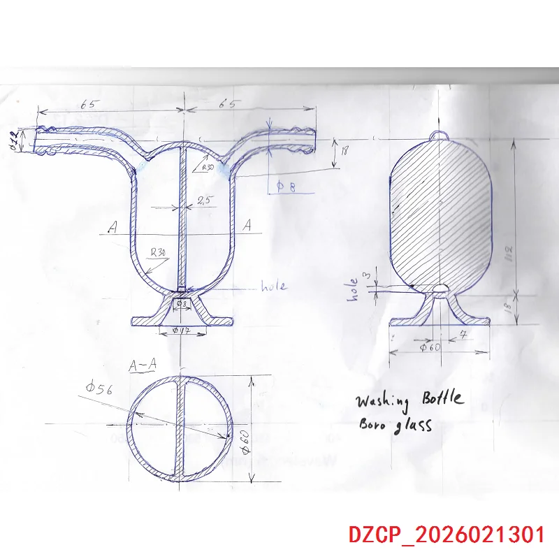 

Индивидуальная стеклянная бутылка для мытья, внешний диаметр 60 мм, эффективная длина 112 мм, средняя стеклянная панель с небольшим отверстием внизу.