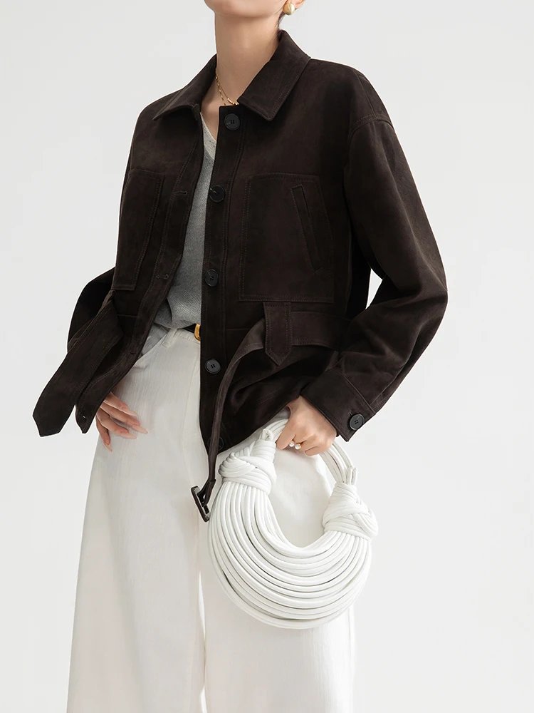 Giacche vintage in vera pelle scamosciata per donna Primavera Autunno 2025 Nuovo cappotto di alta qualità semplice sottile corto in vera pelle di pecora con cintura