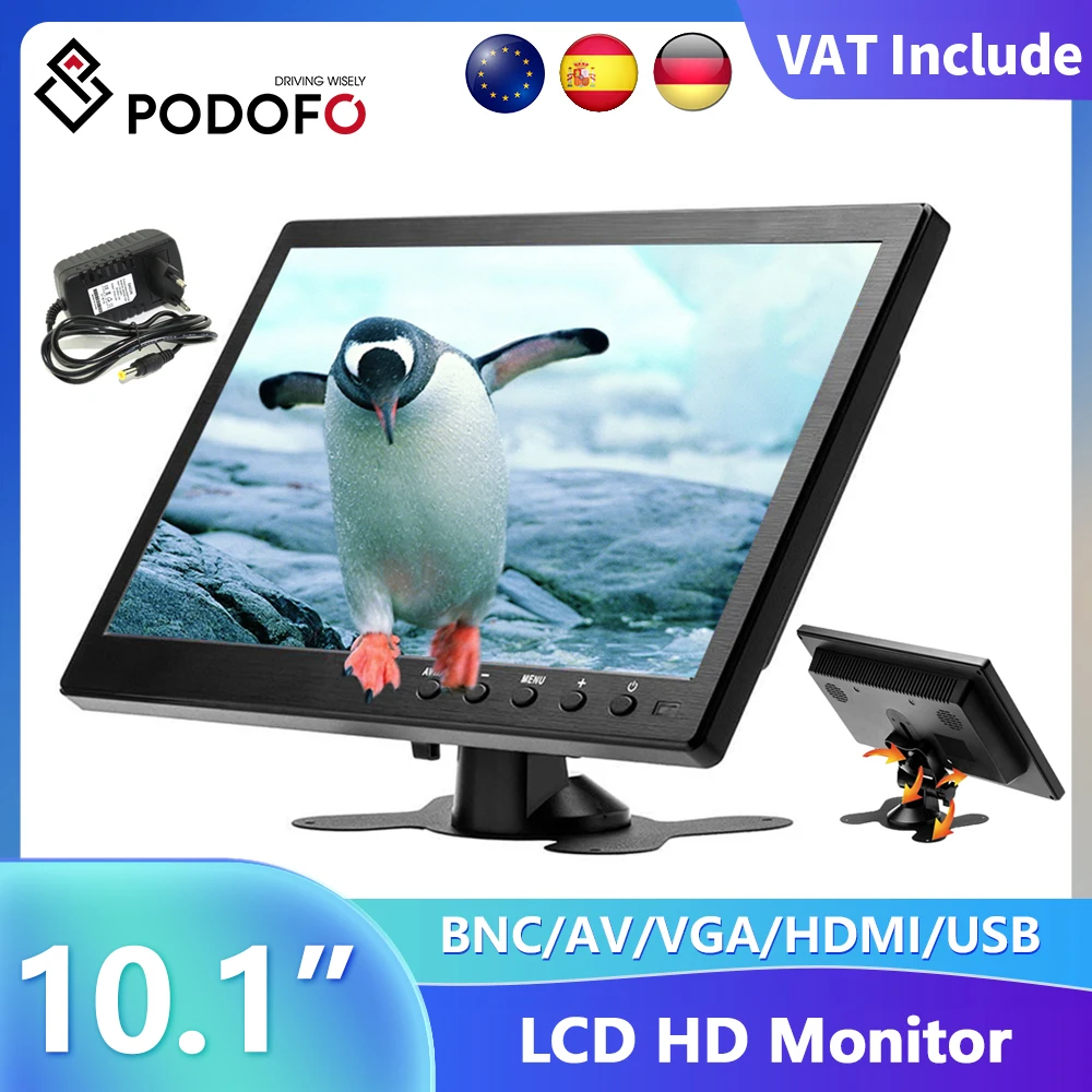 Podofo 10.1 "LCD 1024*600HD moniteur de voiture Mini TV moniteur LCD écran numérique avec HDMI/VGA/AV/USB/SD/TV/lecteur DVD pour la surveillance