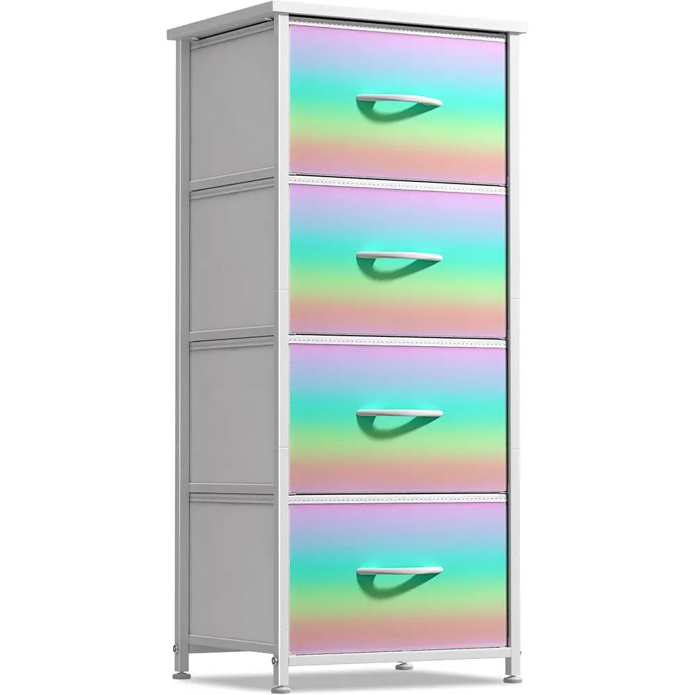 Kids Drawer Storage Chest Organizer Nightstand - Steel, Wood Top, Tie-Dye Fabric Bins or Clothes - Wide Furniture for Bedroom, H