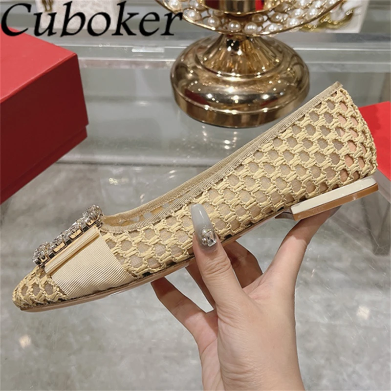 

2024 Summer New Hollow Out Mesh Ballet Flat Shoes Women Fashion Crystal Buckle Princess Shoes Elegant Dress Single Shoes Mujer