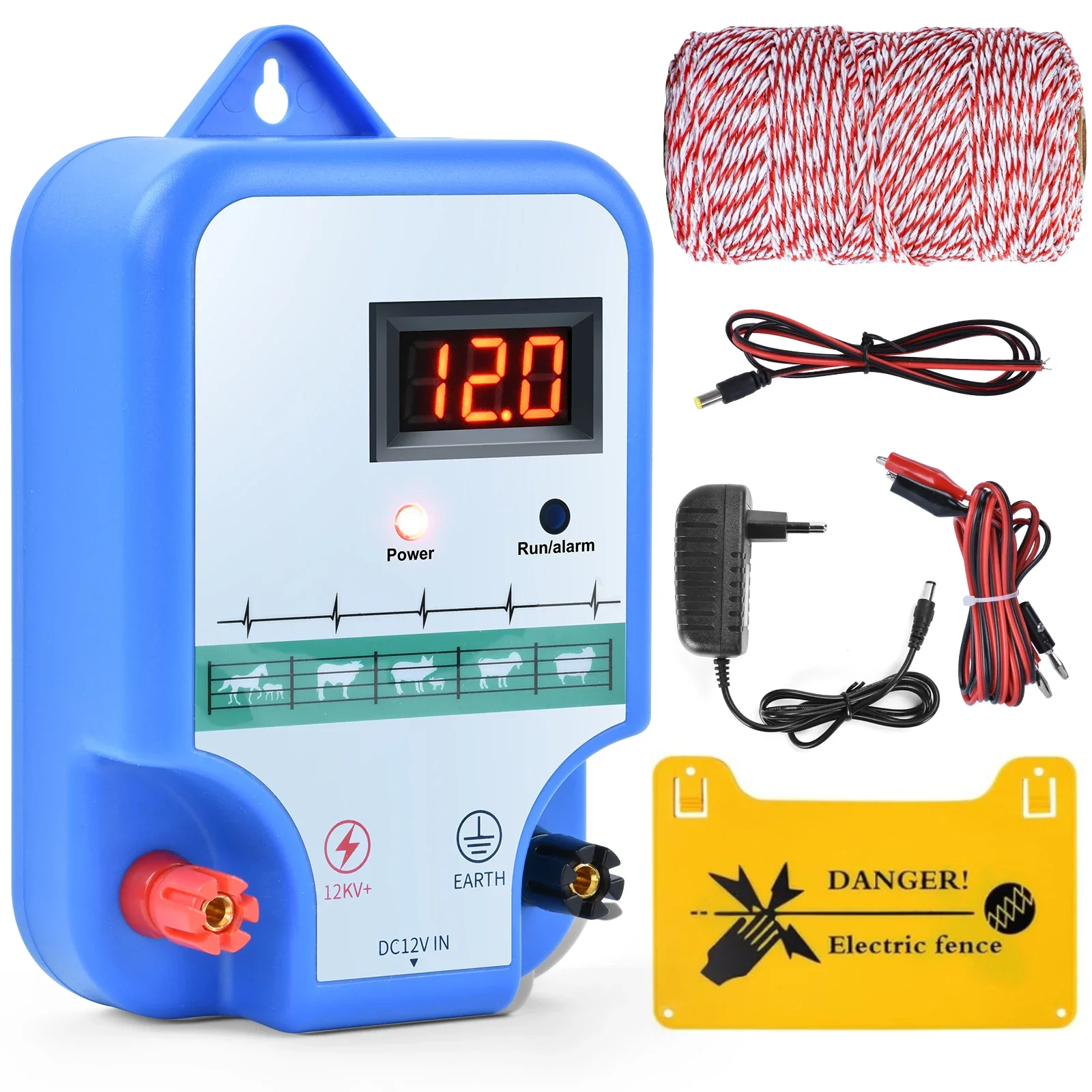 10KM/6.2Miles Electronic Fence Energizer Charger for Preventing Wild Animals 12V Controller with LCD Display for Farm Cattle