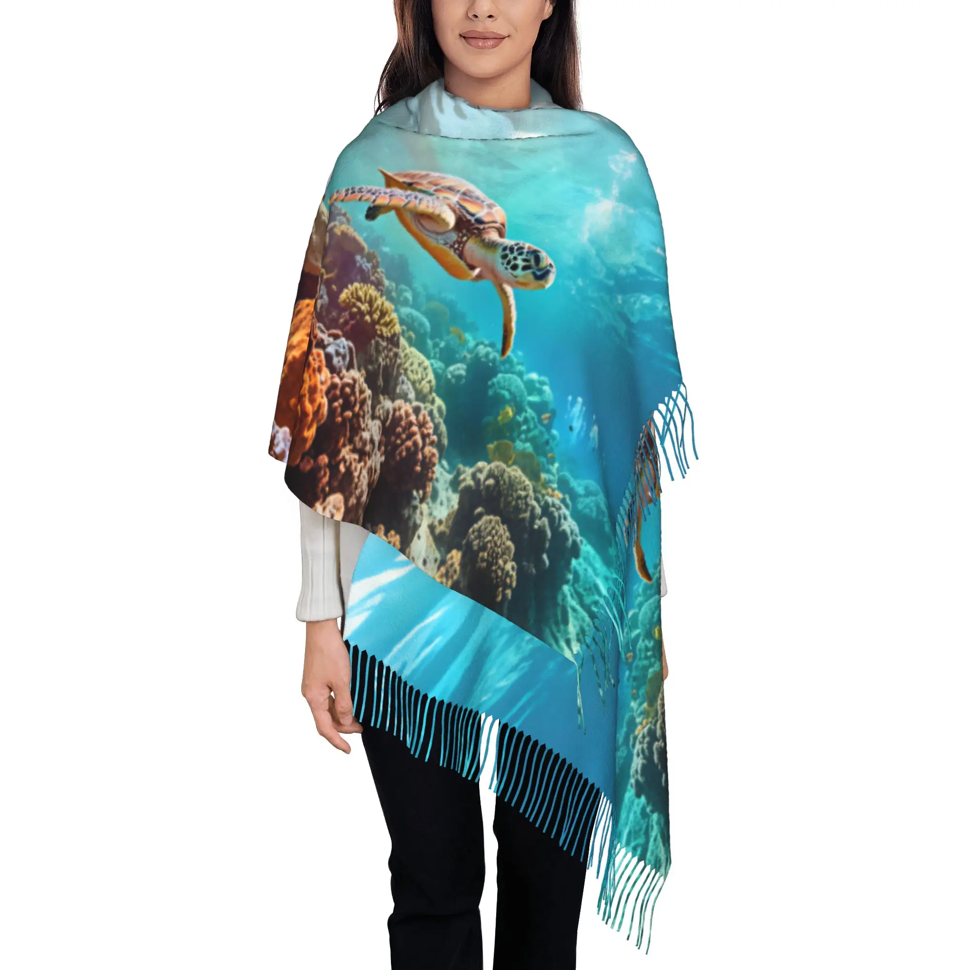 Custom  Sunray Orange Coral Sea Turtle  Print  Scarf Wrap for Women Long Winter Warm Tassel Shawl Unisex  Scarves