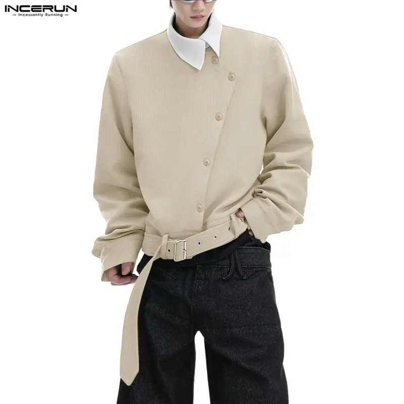 INCERUN Men Shirt Patchwork Lapel Long Sleeve Button Casual Men Clothing Streetwear Loose Korean Style Fashion Tops Male Shirts