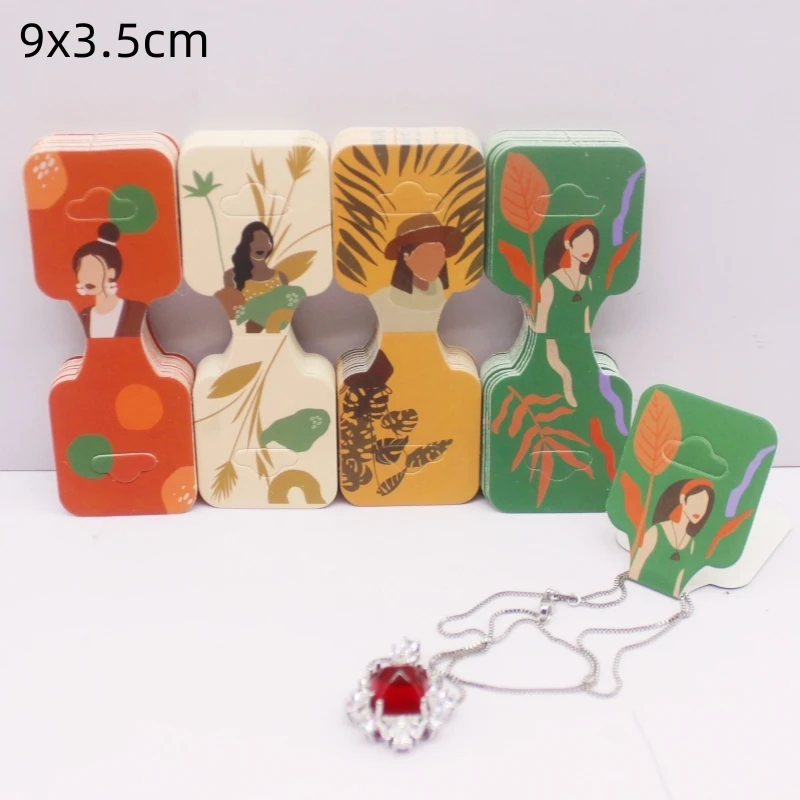 100 pcs 9x3.5cm latest printed jewelry necklace bracelet hang tag kraft paper folding necklace earring set packaging card