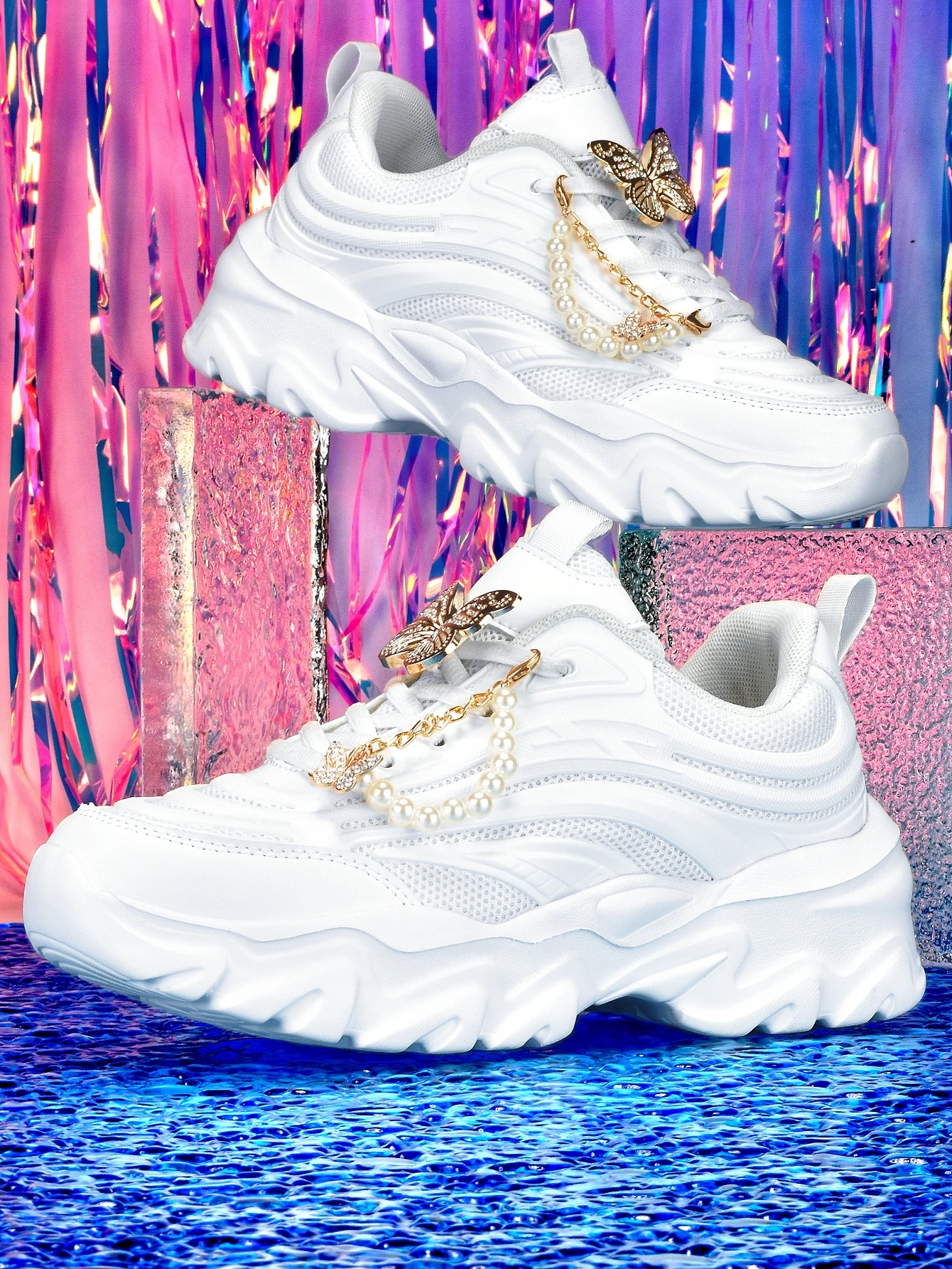 Women's Thick-Soled 5cm Height-Increasing Dad Shoes, Y2K Sweet-Cool Style, with Detachable Gold Butterfly Pearl Chain Decoration, Breathable Mesh, Eva Irregular Sole, White Casual Sneakers, Sweet Girl Style, Everyday Commute, Unique Design, Student-Friendly Versatile Soft-Soled Women's Shoes