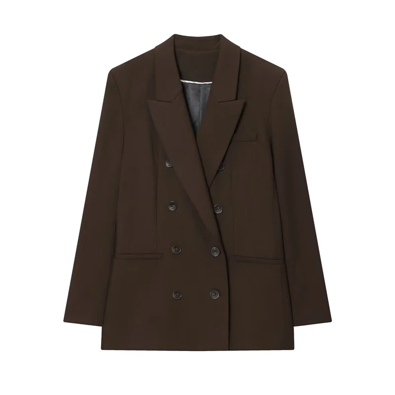 

Dave&Di Ropa mujer Pad Blazer French Vintage Women's Brown Double Breasted Blazer Jacket Women's Jacket Woman Clothes Tops