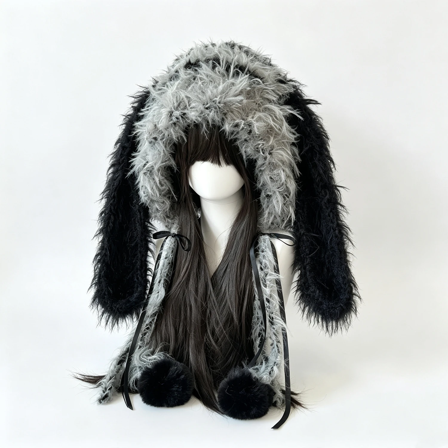Handmade Bunny Rabbit Ears Black Gray Hat Women Crochet Cozy Plush Knit Winter Warm Beanie Girls Goth Casual Headwarmer Custom