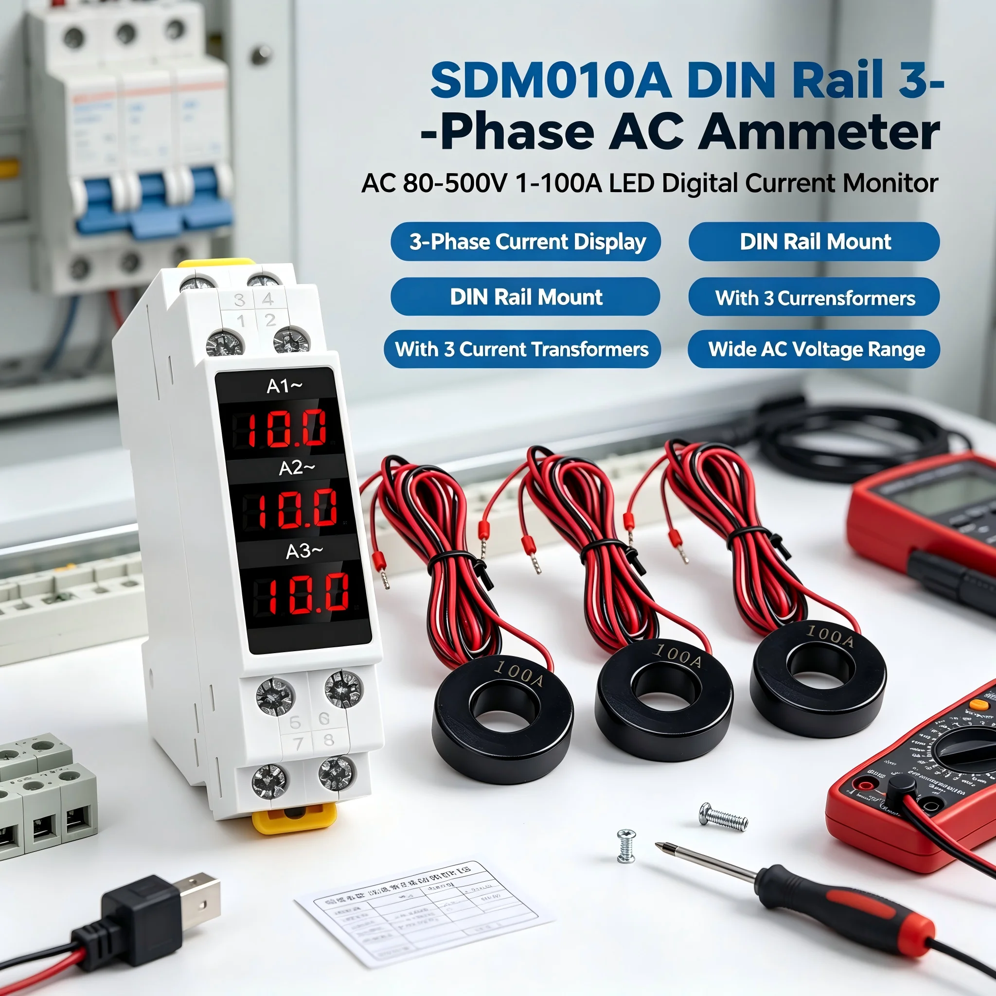 SDM010A  AC 80~500V 1~100A LED Din Rail Digital Display Ammeter 3-Phase Modular Current Meter Gauge Indicator Electrician Tool