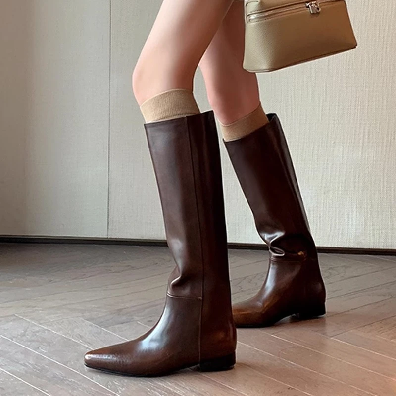 Designer Vintage Women Knee High Boots Fashion Slip On Long Booties Autumn Winter Low Heels Ladies Black Long Western Boots