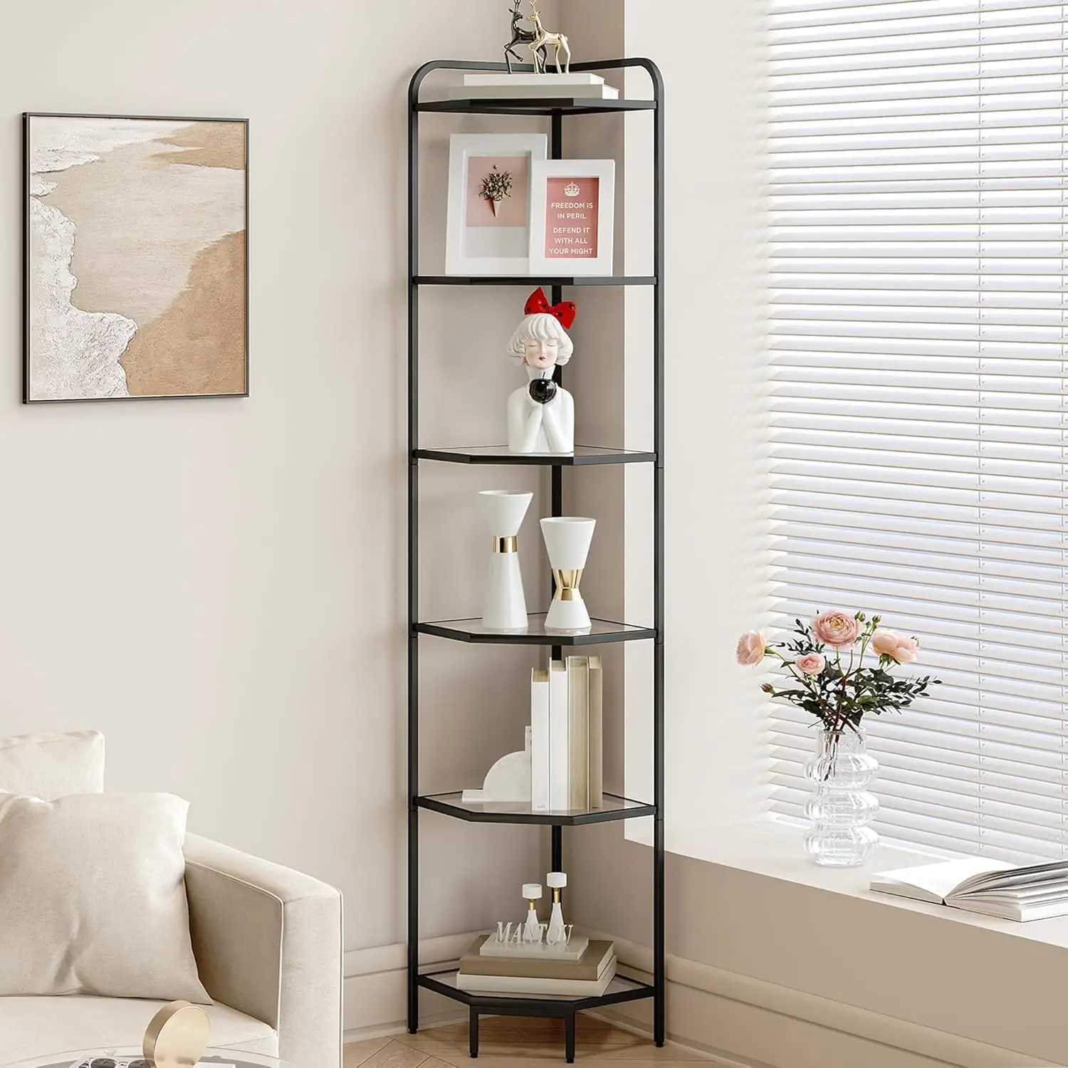 

Corner Shelf Stand, Glass Bookshelf Bookcase,Bathroom Organizer,Plant Stand,Steel Frame,Tempered Glass,Modern Style,6-Tier Black