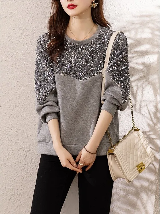 

Весна 2026: Женская модная худи из хлопка с пайетками и вставками, универсальная, элегантная, с длинным рукавом, приталенного кроя