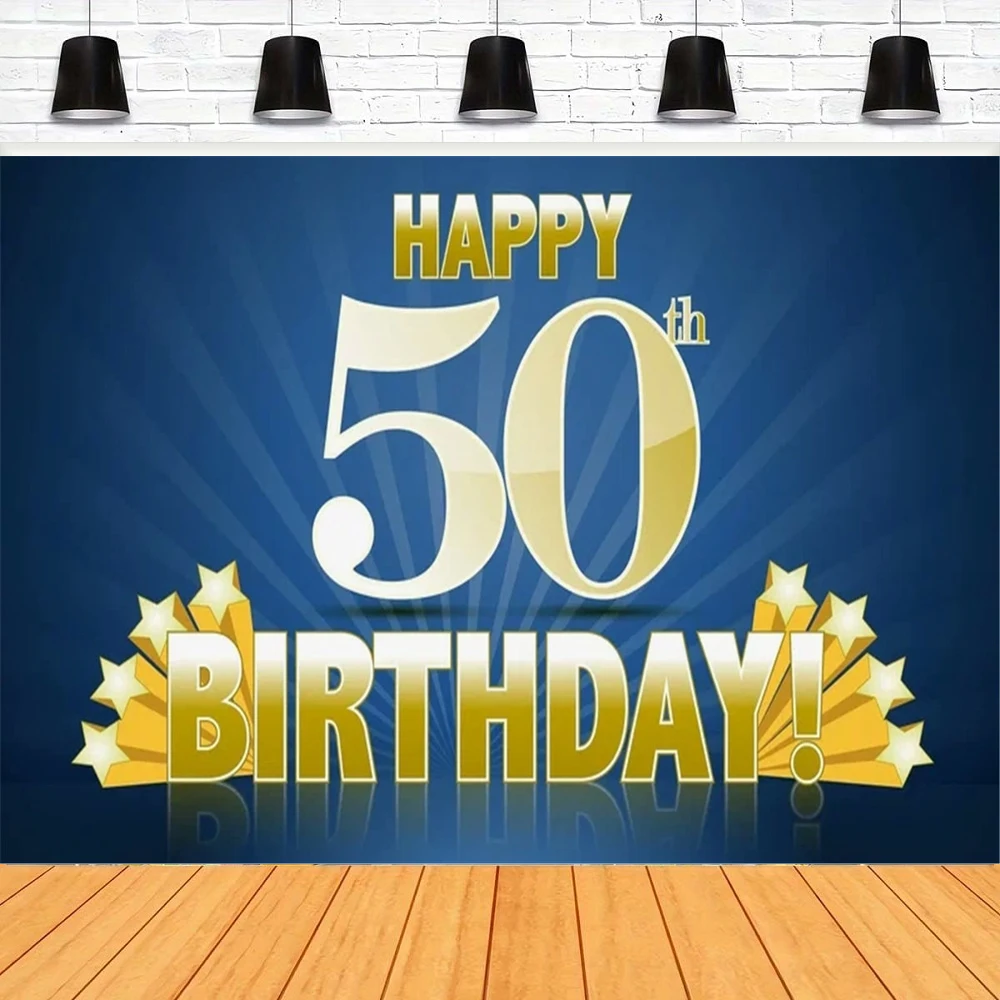 خلفية التصوير الفوتوغرافي الأزرق الداكن وبريق الذهب خلفية لامعة الرجال سعيد 50th عيد ميلاد خمسون سنة العمر ديكور الحفلات ملصق