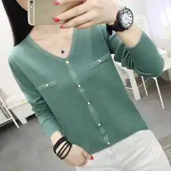 Spring Autumn Women Korean Fashion Bright Silk Elegant Knitted T-shirt Female Casual V-neck Long Sleeve Slim Basic Pullover Tops