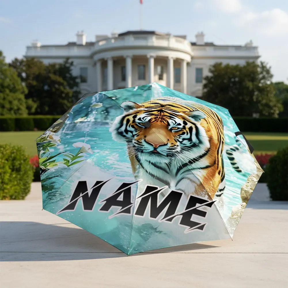 Custom Name umbrella, Majestic Tiger in Waterfall Scene Umbrella Design Fashion Folding Umbrella for Daily Use, Christmas Gift