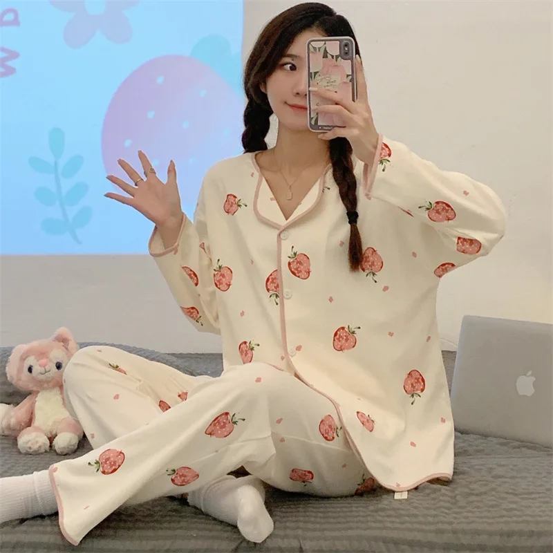 2PCS/Set Women Spring and Autumn Thin Long-Sleeved Pajamas 2024 Cute Cartoon Bear Cardigan Loose Button Homewear Ladies Clothes