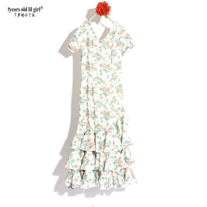 7yearsoldlilgirl 2025 New Spanish Flamenco Dance Cotton Dress  Evening Dresses V Neck Wear Women ENE20
